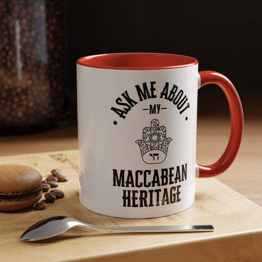 Ask Me About My Maccabean Heritage Coffee Mug, Jewish Pride Ceramic Cup, Hamsa Design, Accent Coffee Mug (11oz)