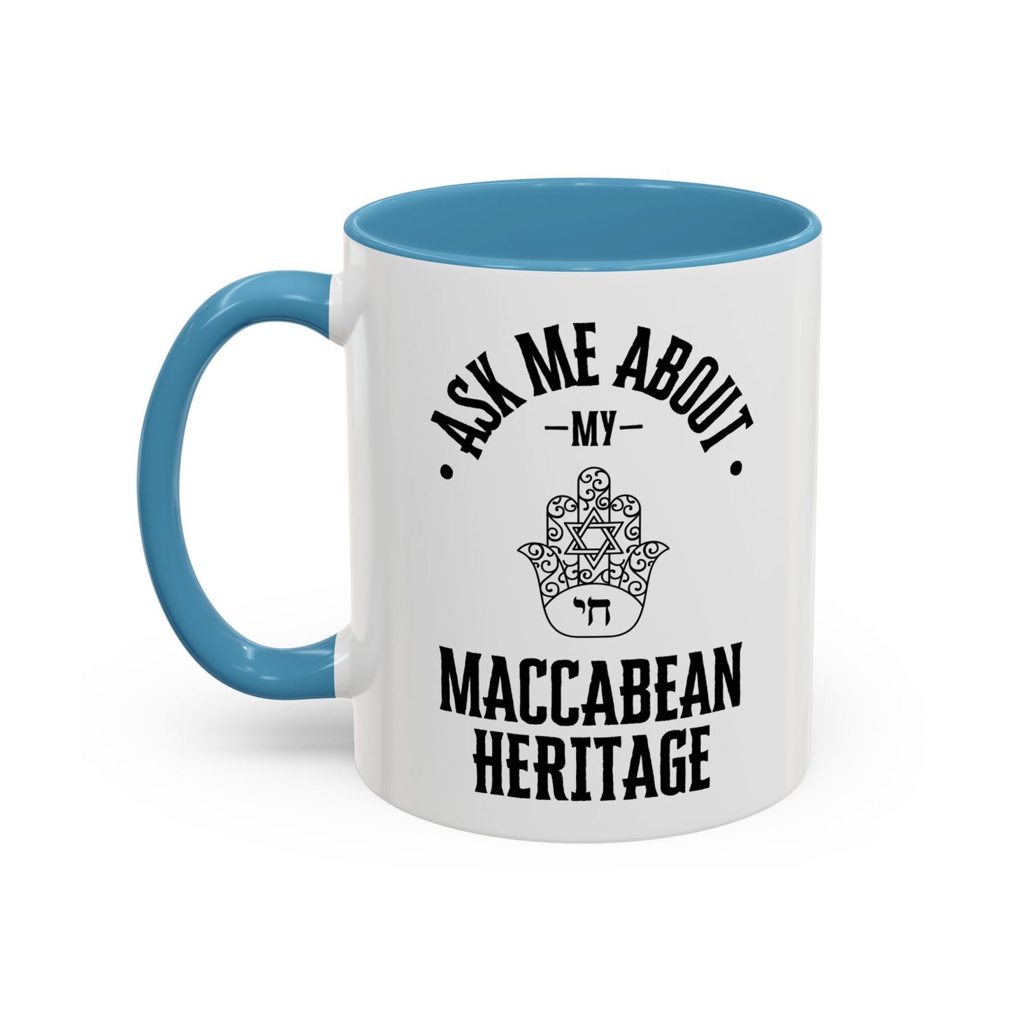 Ask Me About My Maccabean Heritage Coffee Mug, Jewish Pride Ceramic Cup, Hamsa Design, Accent Coffee Mug (11oz)