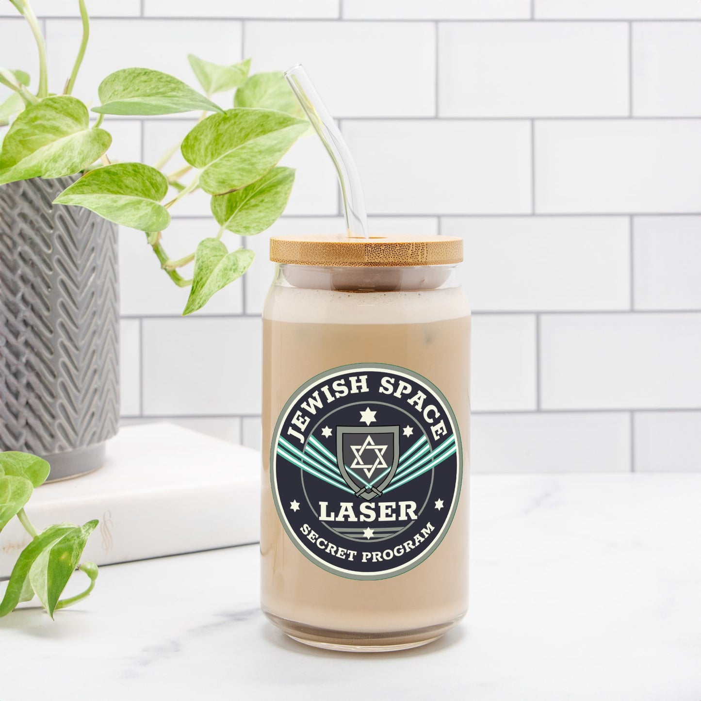 Jewish Space Laser - Secret Program Glass with Cover and Straw